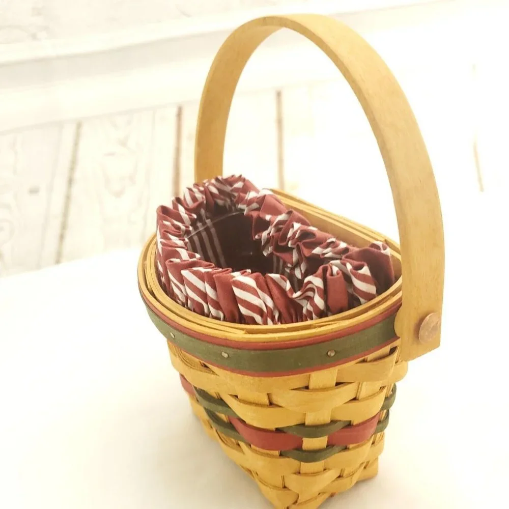 Longaberger Wooden Single Handle Red Striped Liner Handwoven Picnic Basket